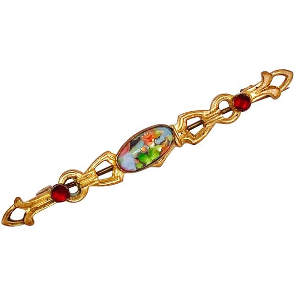 Vintage 1930s Art Deco Gold Tone Bar Brooch Foil Glass Cabochon Czech-style Pin - Picture 1 of 15